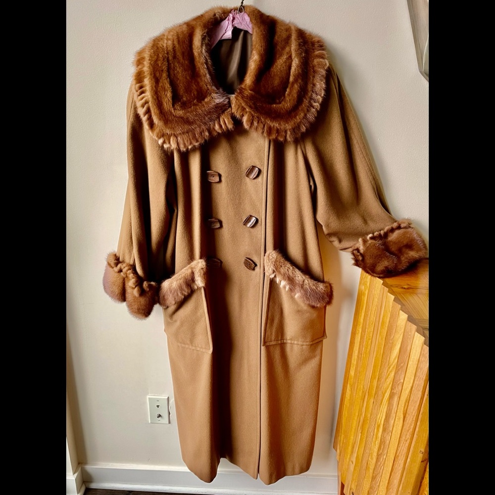 Cashmere Camel Coat with Mink Fringe Collar/Cuffs